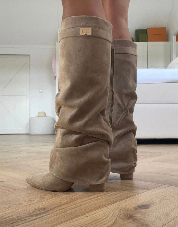 Women's beige slouch knee-high boots with pointed toes and low heels