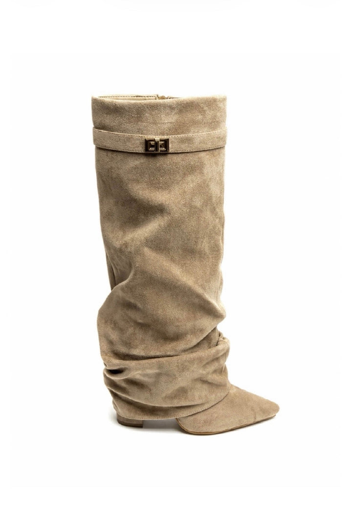 Women's beige slouch knee-high boots with pointed toes and low heels