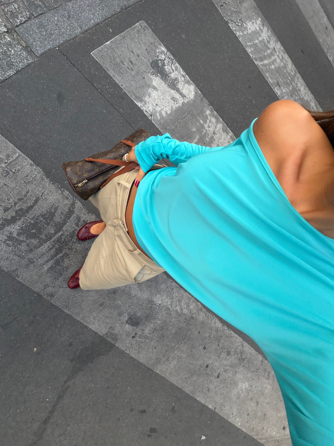 Women's blue asymmetric long sleeve top with off-shoulder neckline