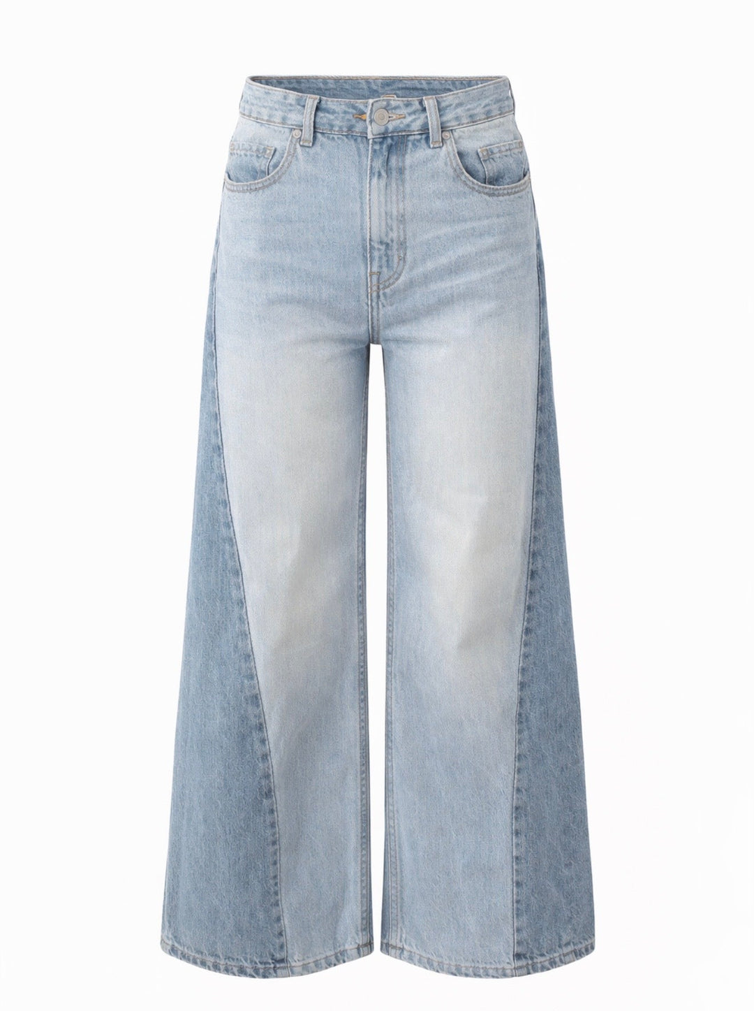 Women's light blue high-rise wide leg jeans with darker outer-leg panels