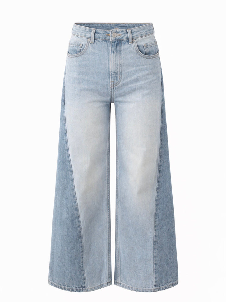 Women's light blue high-rise wide leg jeans with darker outer-leg panels