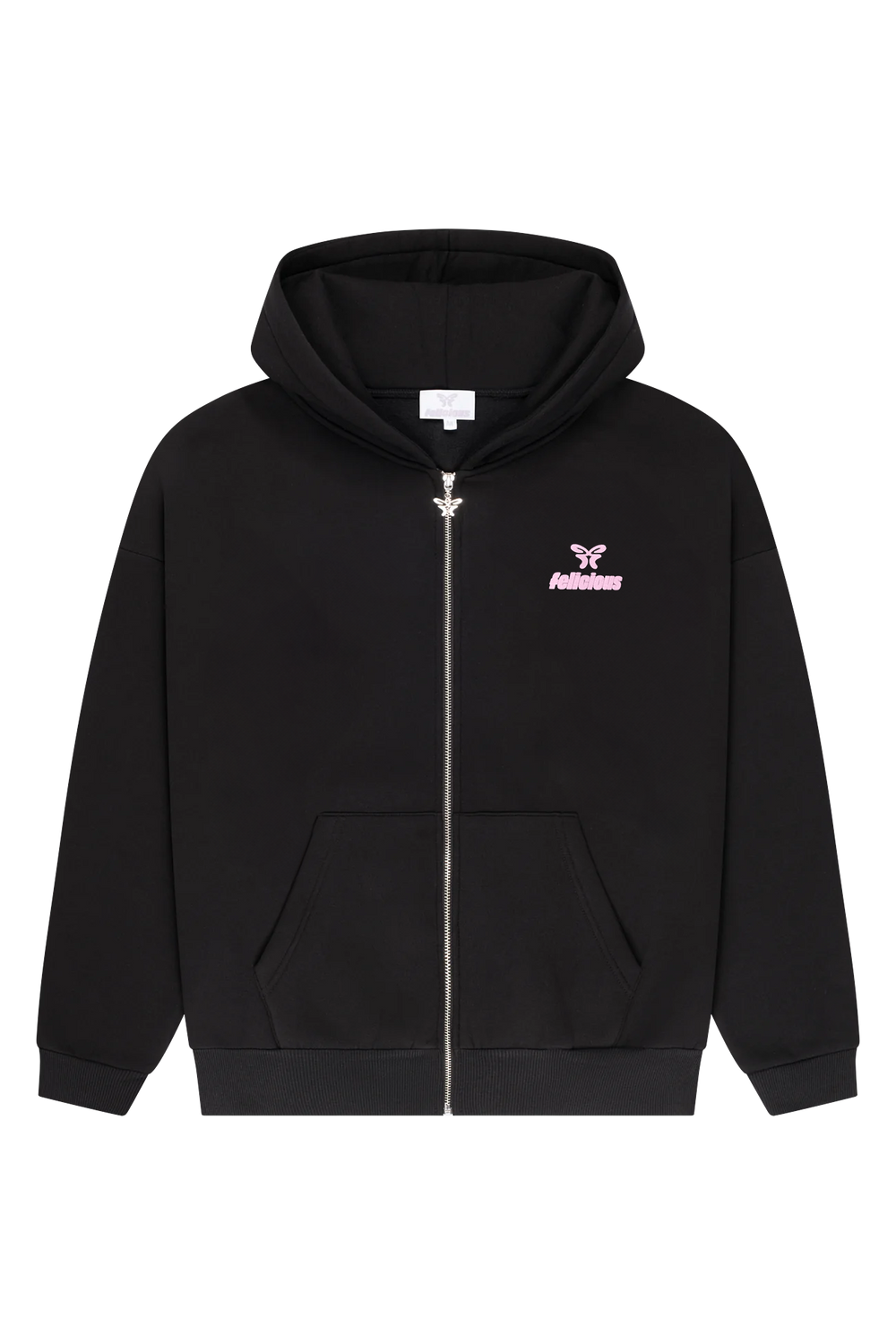 Black unisex logo zip-up hoodie with hood and long sleeves