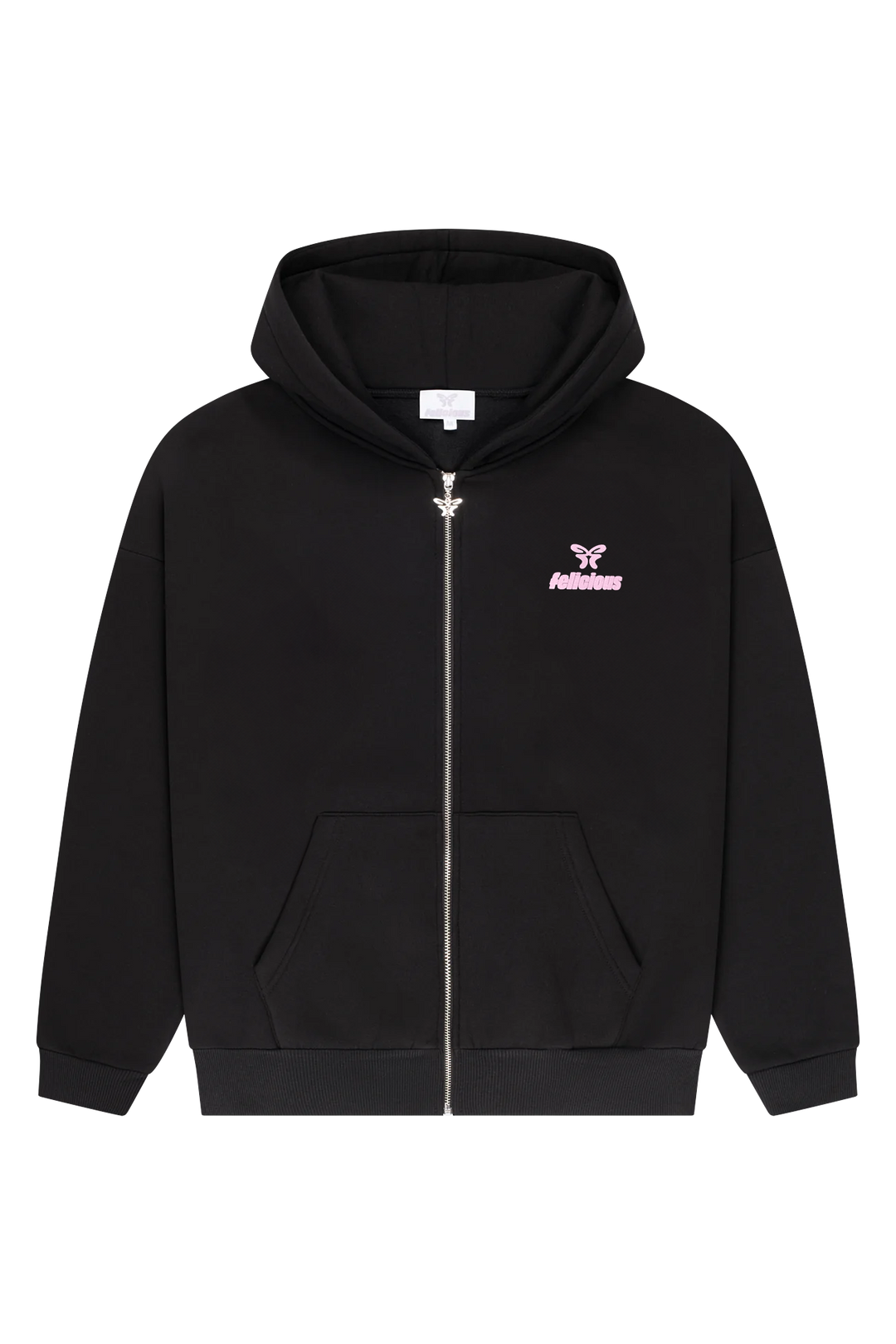 Black unisex logo zip-up hoodie with hood and long sleeves