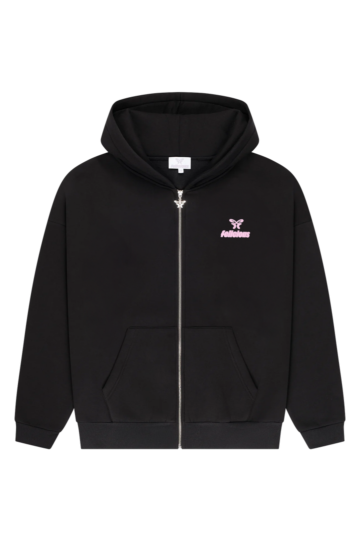 Black unisex logo zip-up hoodie with hood and long sleeves