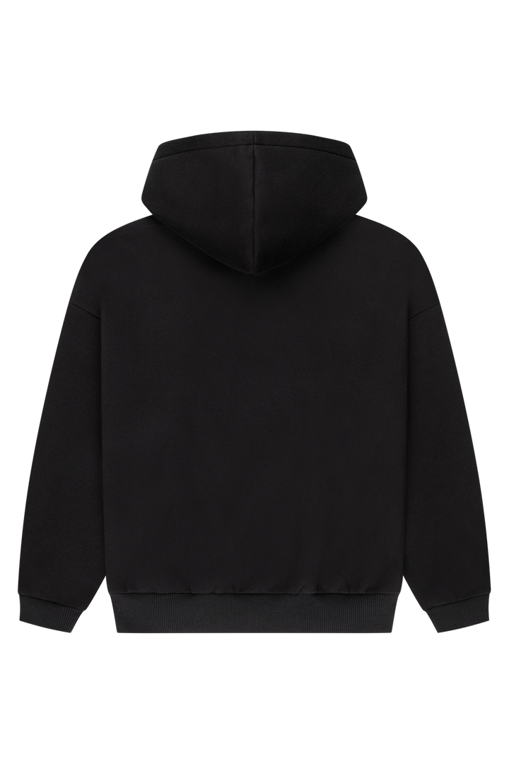 Black unisex logo zip-up hoodie with hood and long sleeves