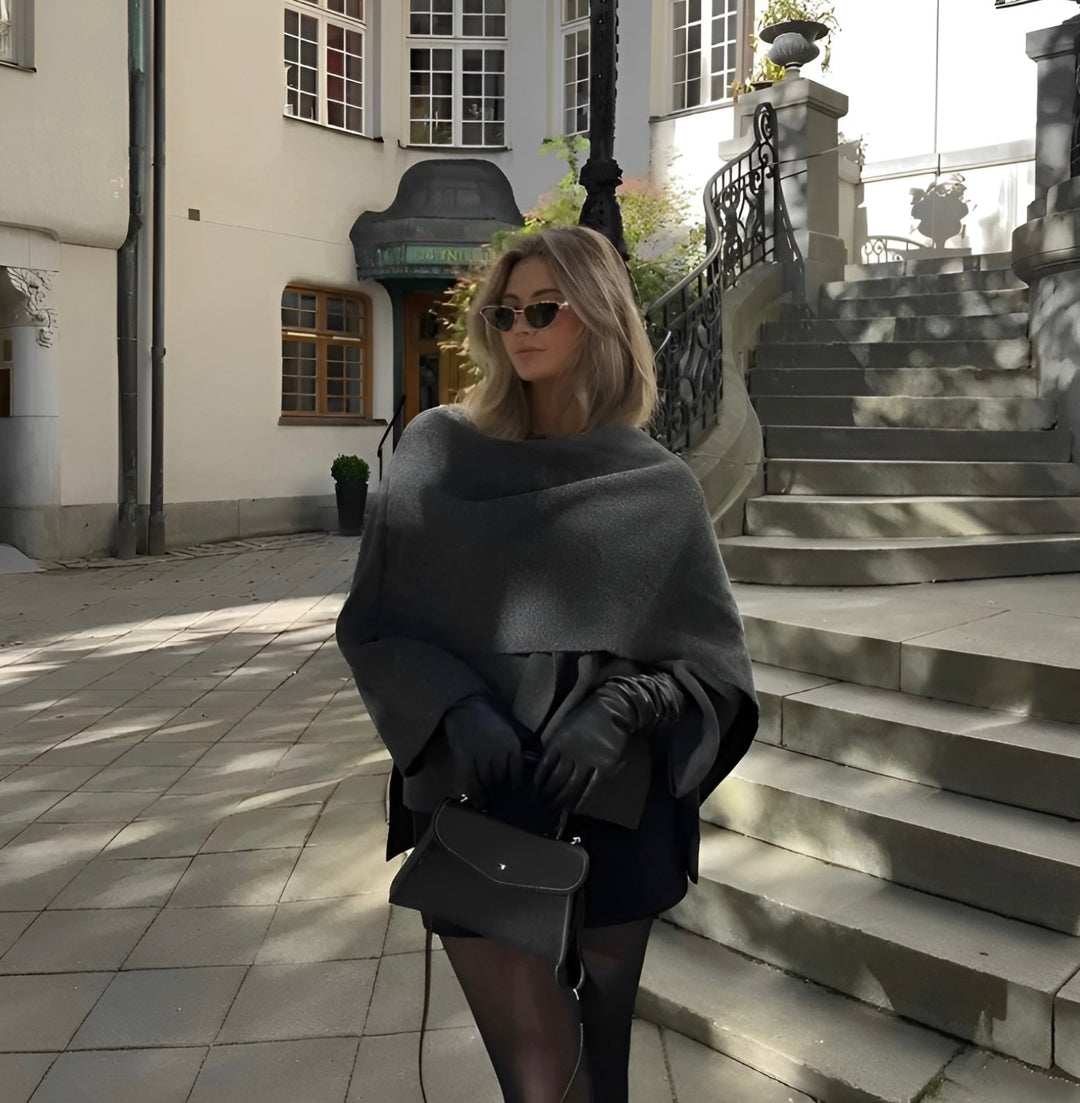 Women's hooded cape coat with draped collar and wide sleeves