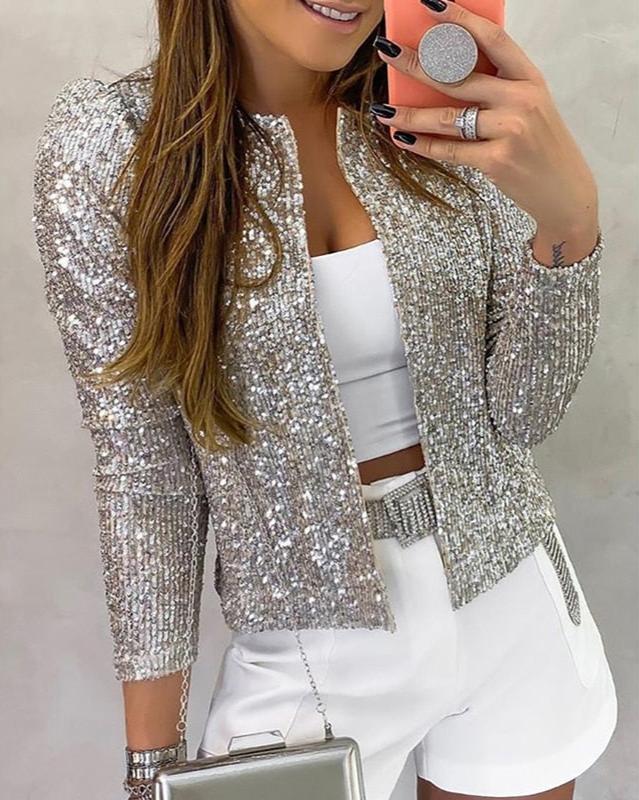 Women's long-sleeve sequin jacket with open front and cropped fit