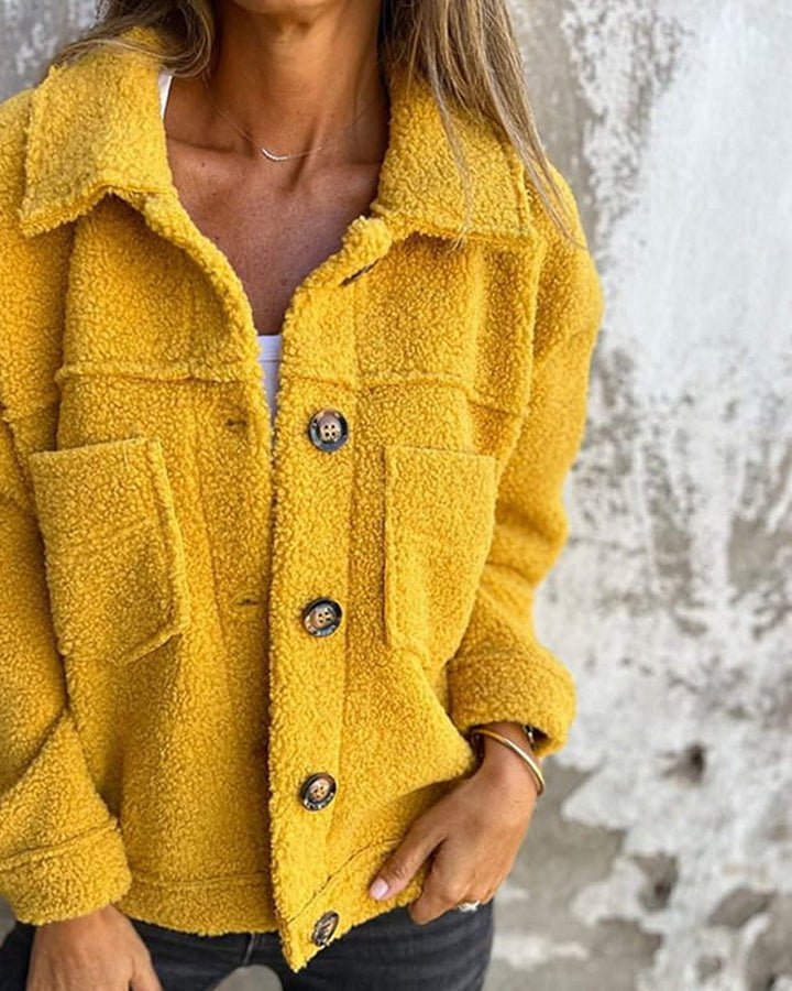 Women's textured button front jacket with lapel collar and patch pockets