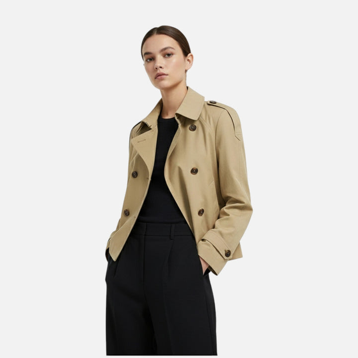 Women's short belted trench jacket with high collar, button front and long sleeves