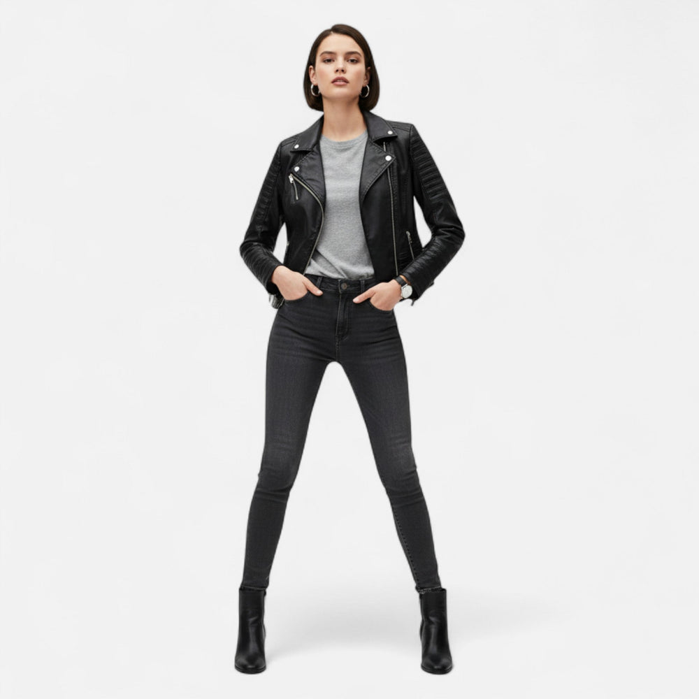 Women's black cropped biker jacket with asymmetric zipper and quilted sleeves