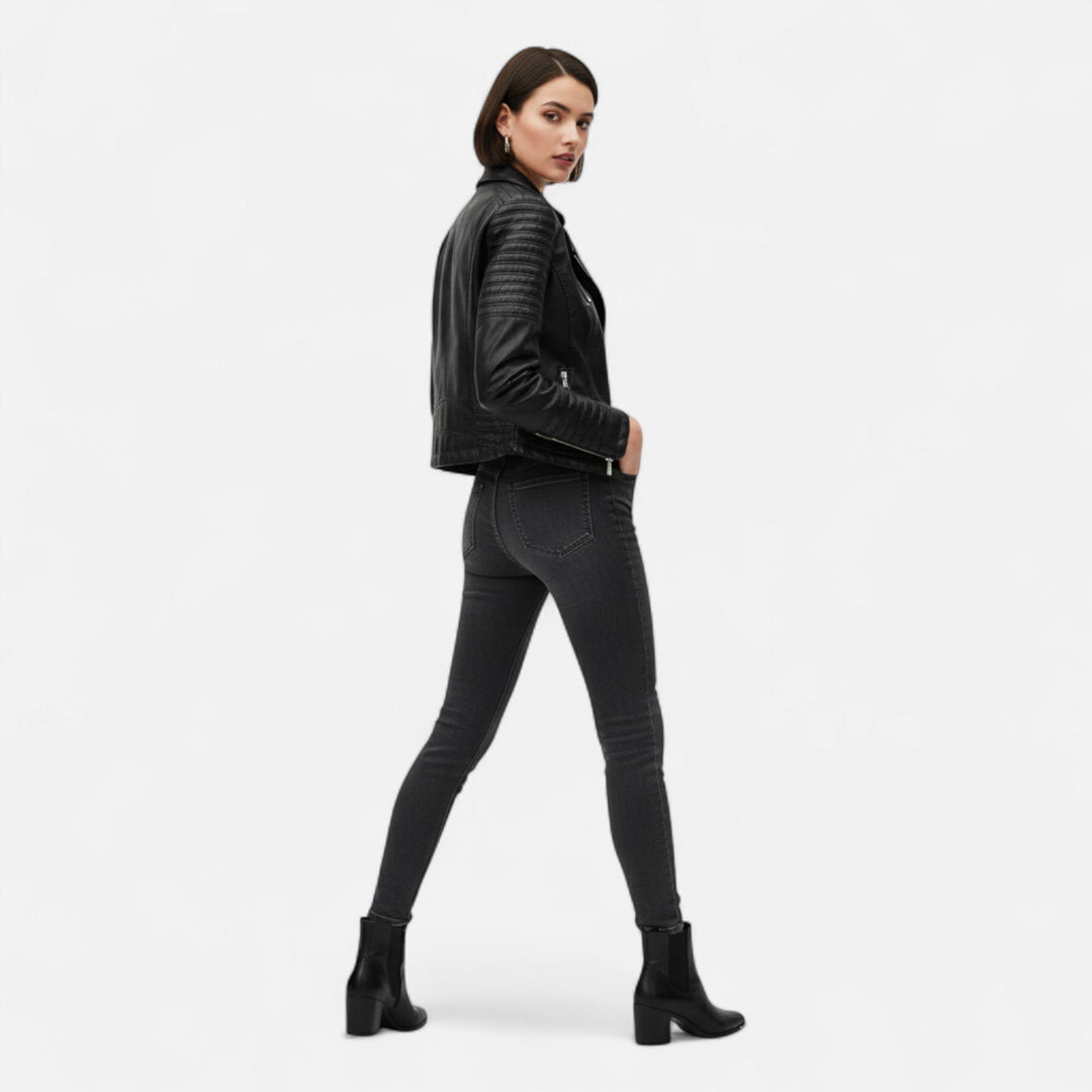 Women's black cropped biker jacket with asymmetric zipper and quilted sleeves