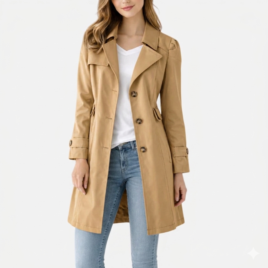 Women's knee-length button front trench coat with notched collar and long sleeves
