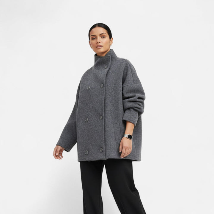 Women's short button-front coat with high collar and long sleeves