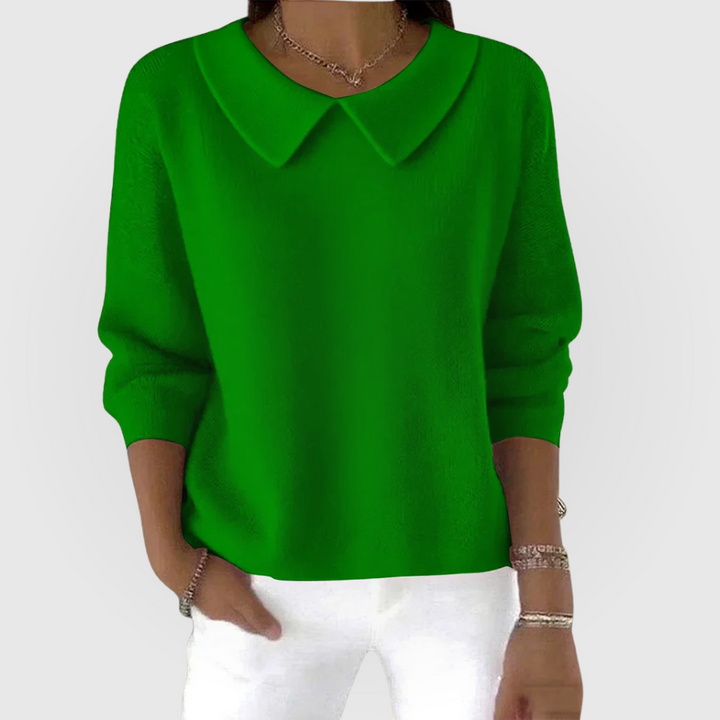 Women's long-sleeve knit sweater with pointed rounded collar