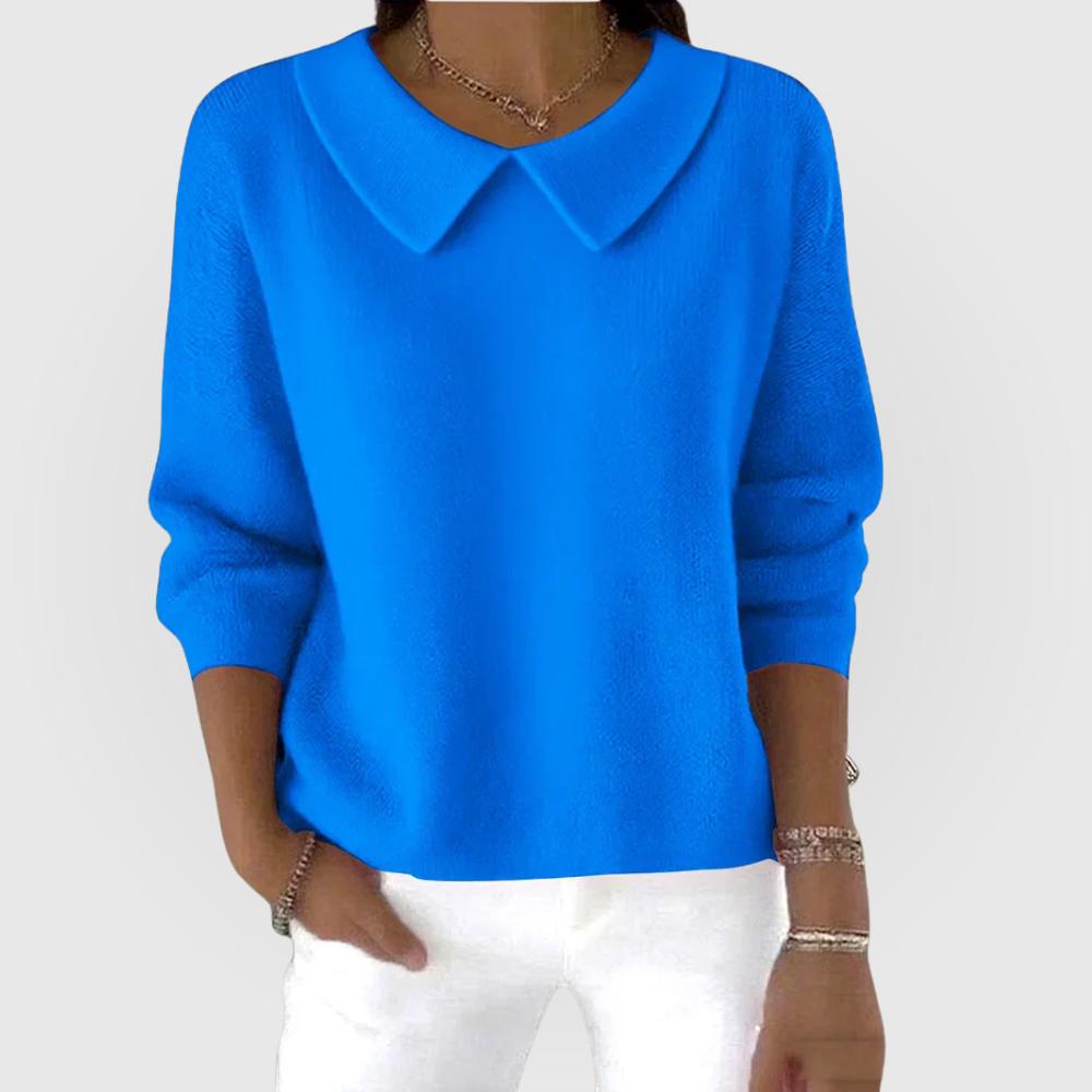 Women's long-sleeve knit sweater with pointed rounded collar