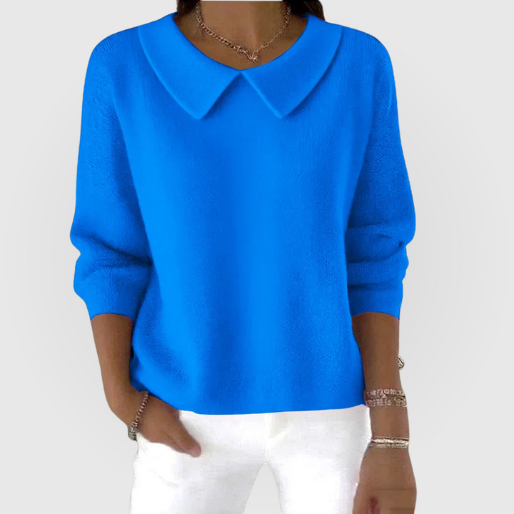 Women's long-sleeve knit sweater with pointed rounded collar