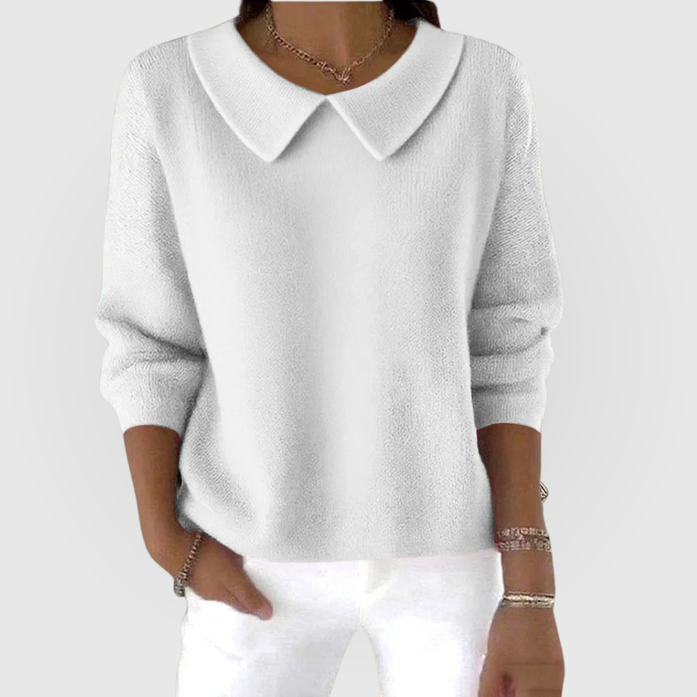 Women's long-sleeve knit sweater with pointed rounded collar