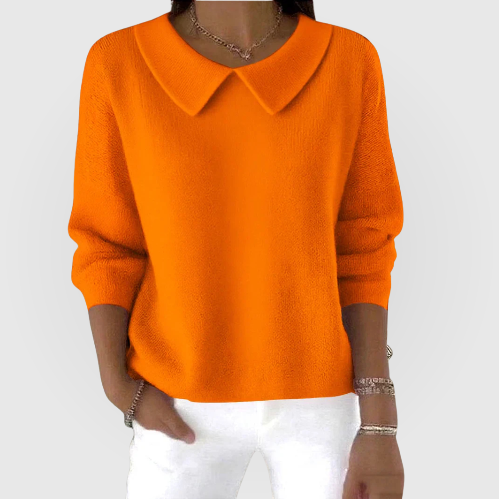 Women's long-sleeve knit sweater with pointed rounded collar