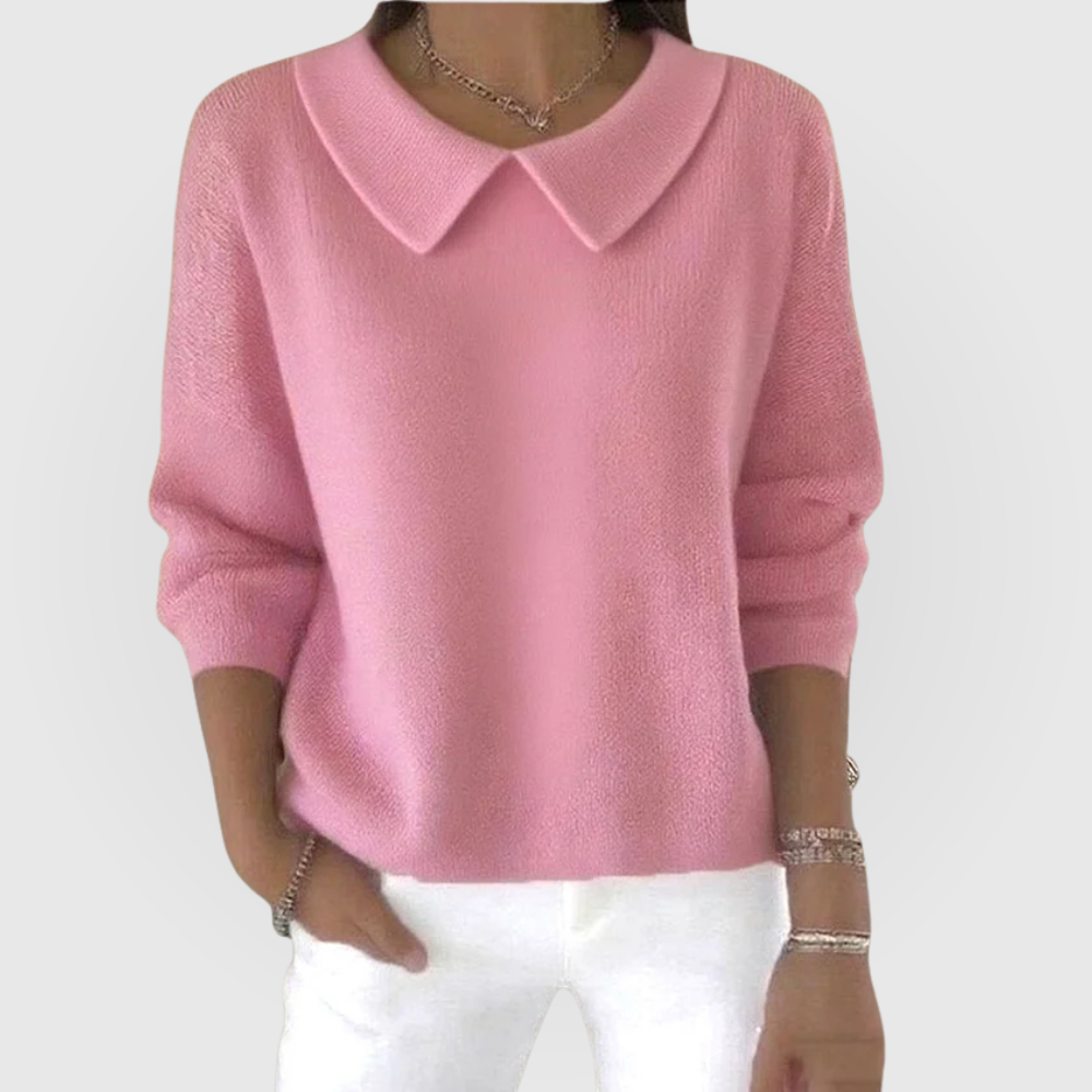 Women's long-sleeve knit sweater with pointed rounded collar