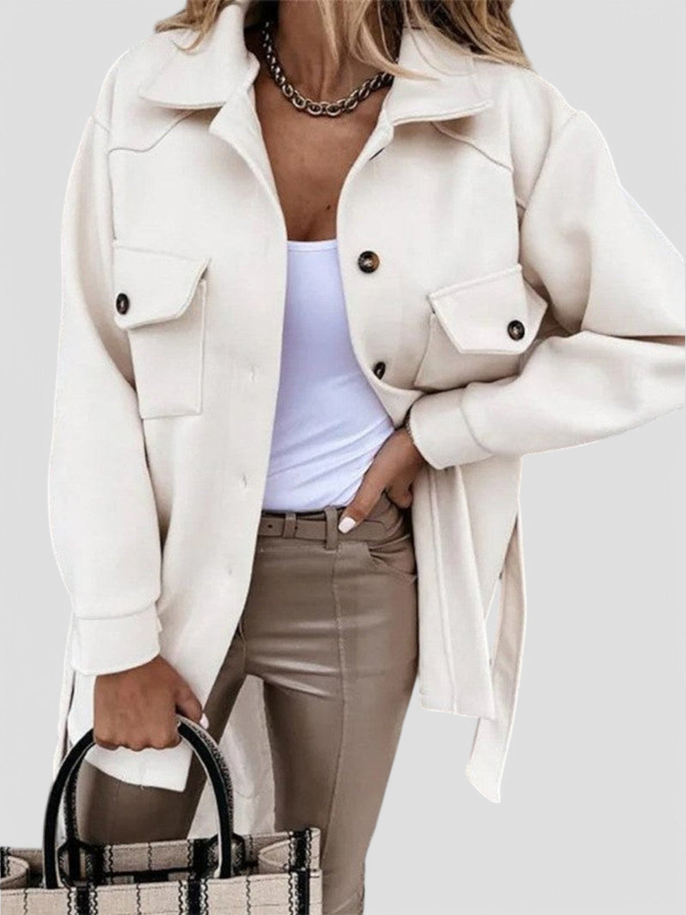 Women's button front shirt jacket with collar and flap pockets