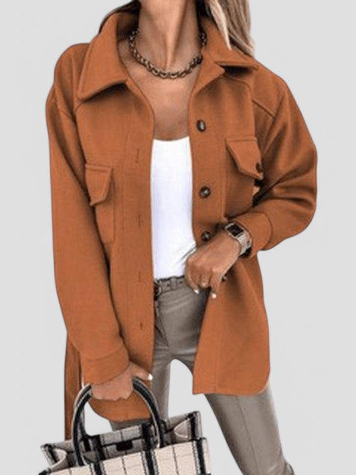 Women's button front shirt jacket with collar and flap pockets