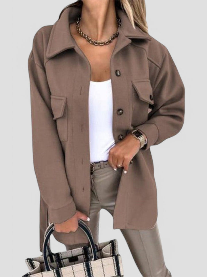 Women's button front shirt jacket with collar and flap pockets
