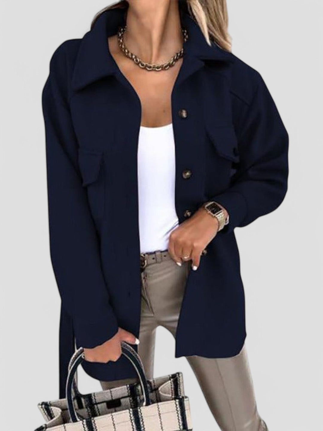 Women's button front shirt jacket with collar and flap pockets