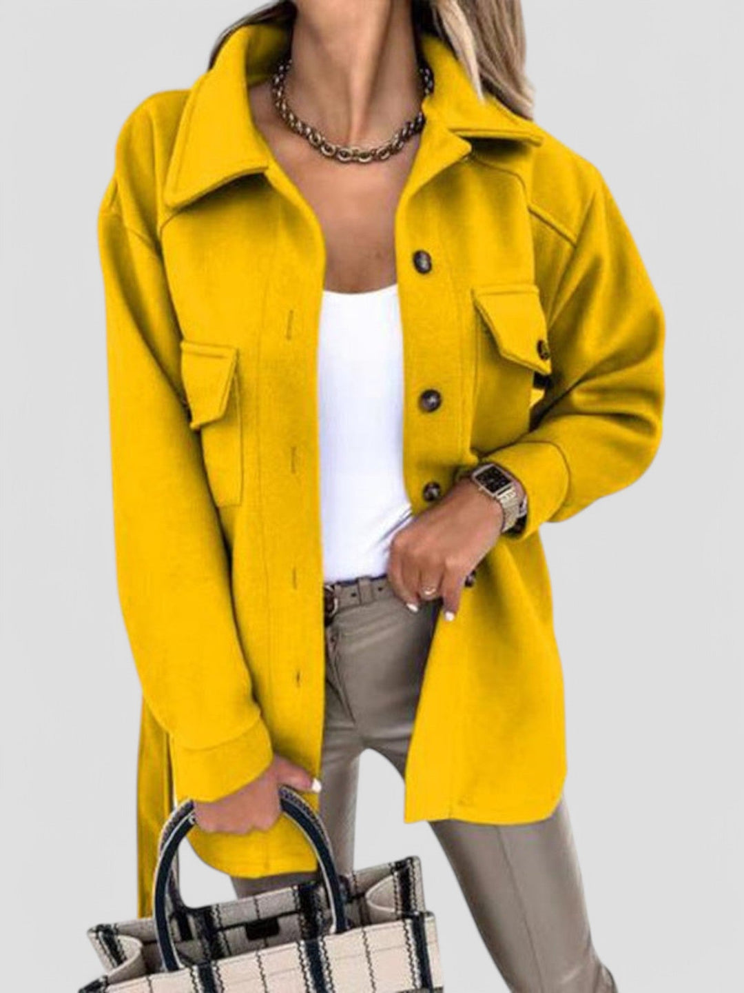 Women's button front shirt jacket with collar and flap pockets