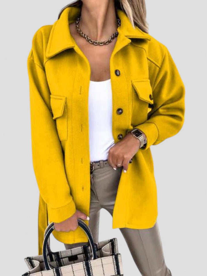 Women's button front shirt jacket with collar and flap pockets