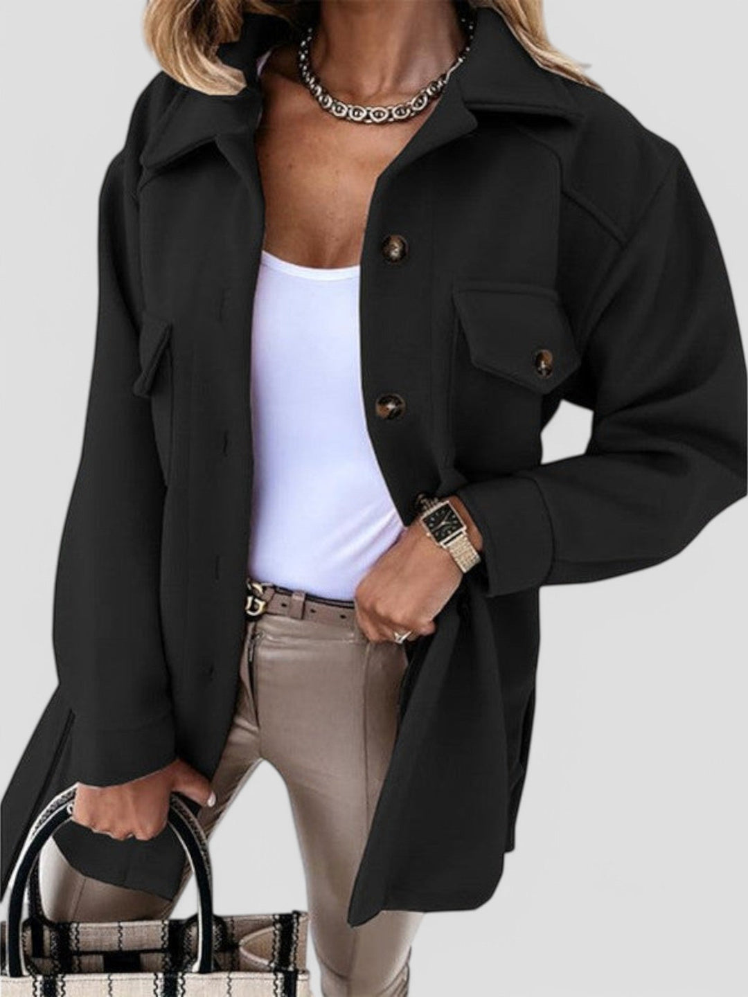 Women's button front shirt jacket with collar and flap pockets