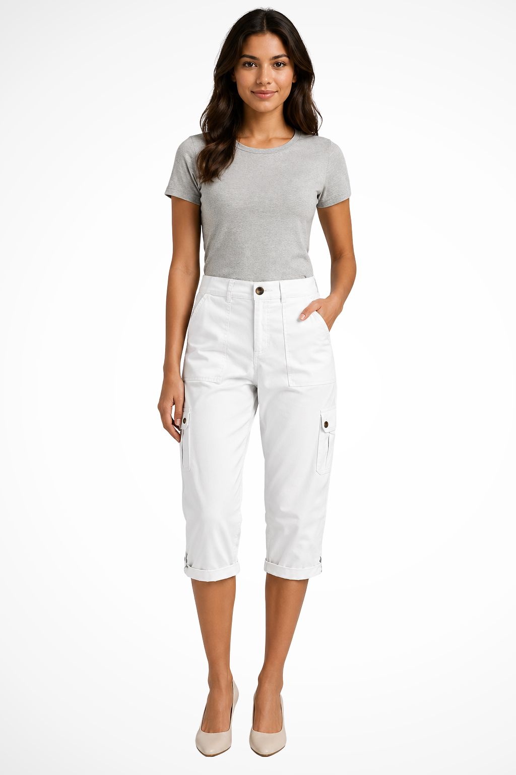 Women's cropped cargo trousers with rolled hems and utility pockets