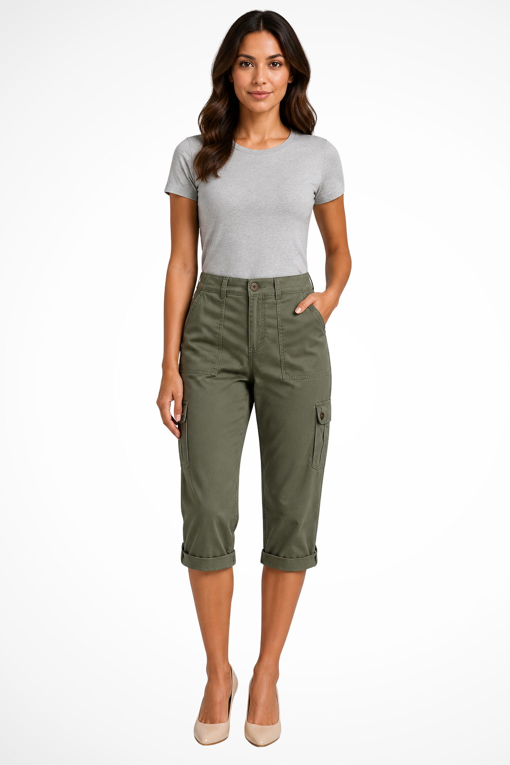 Women's cropped cargo trousers with rolled hems and utility pockets