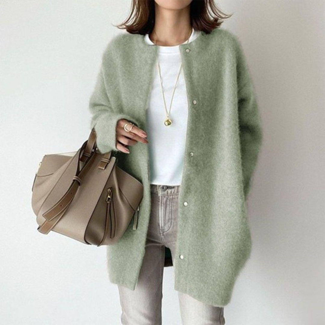 Women's longline button cardigan with round neckline and long sleeves