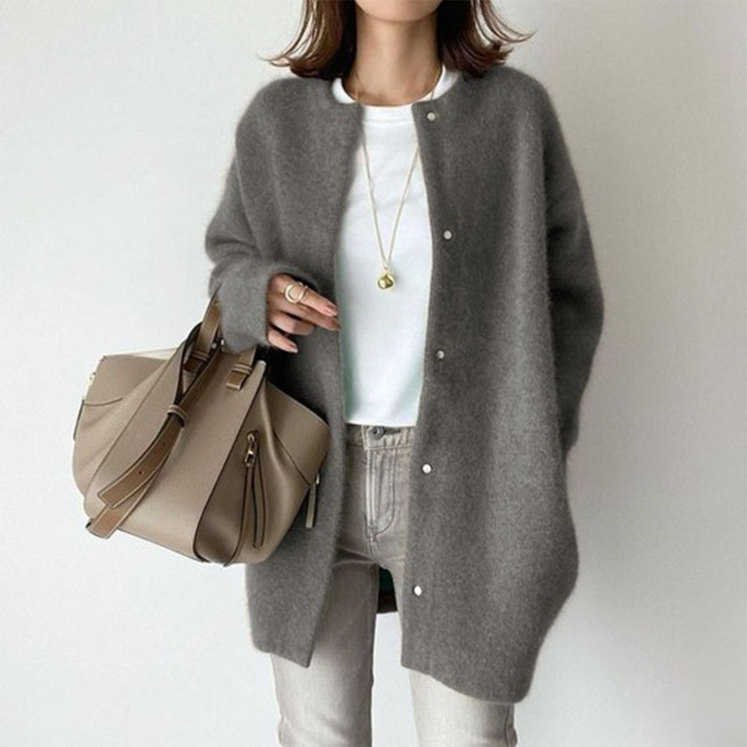 Women's longline button cardigan with round neckline and long sleeves
