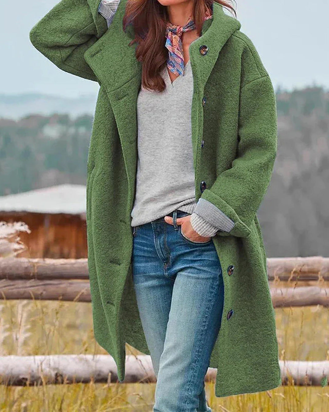 Women's long hooded button-front coat with flap pockets