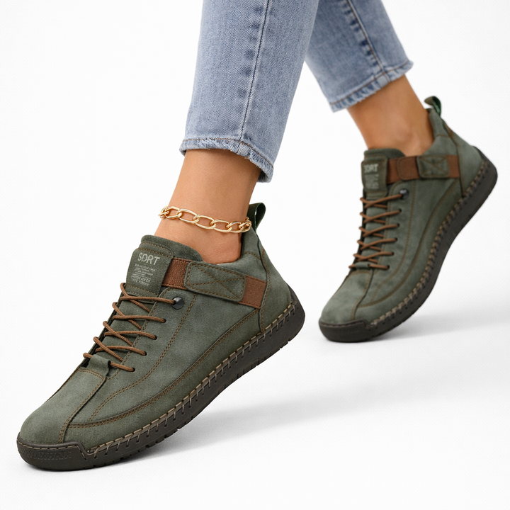Unisex lace-up high-top sneakers with ankle strap and stitched panels