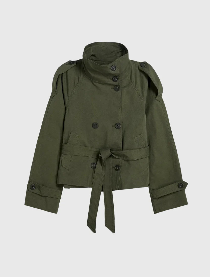 Women's belted trench jacket with high collar and double-breasted buttons