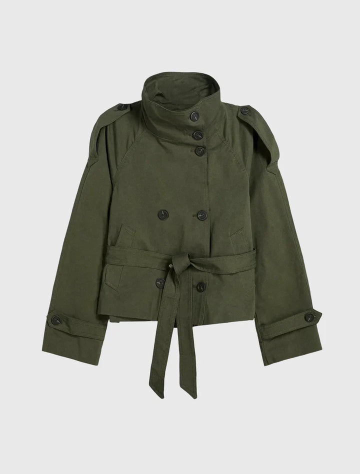 Women's belted trench jacket with high collar and double-breasted buttons