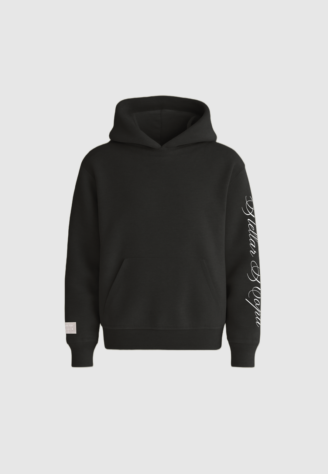 Black hooded sweatshirt with kangaroo pocket and white sleeve script