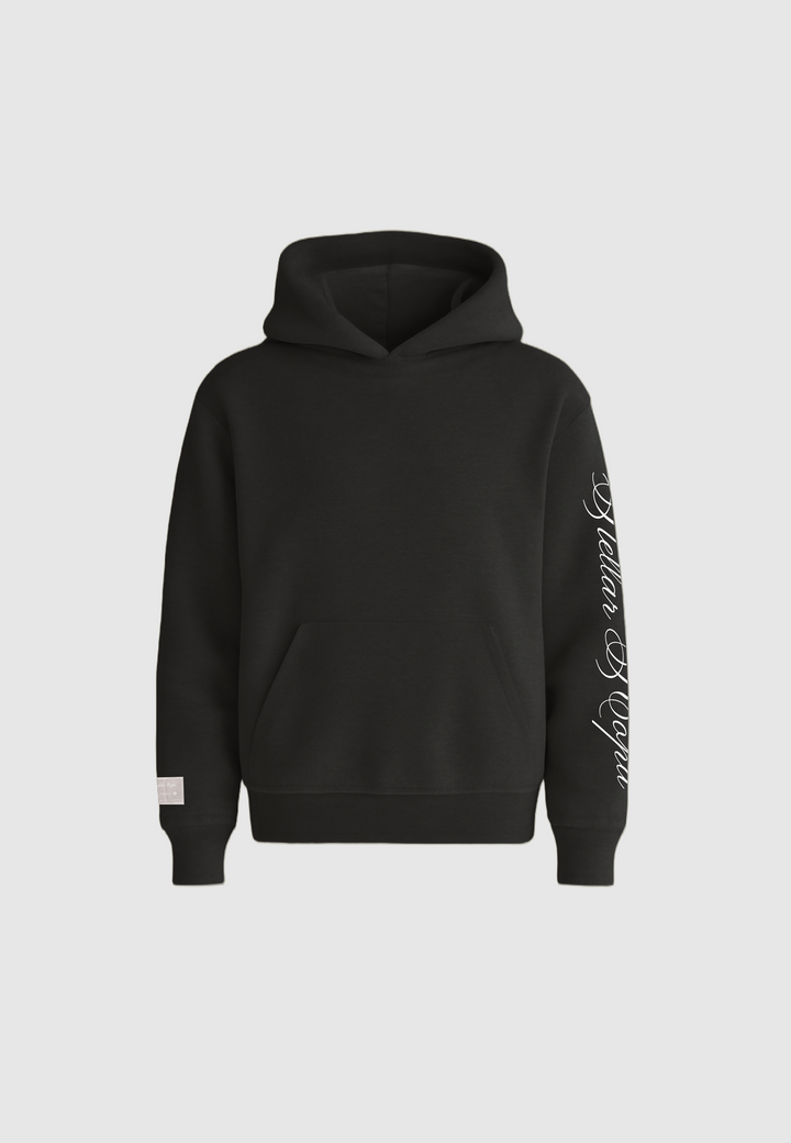 Black hooded sweatshirt with kangaroo pocket and white sleeve script