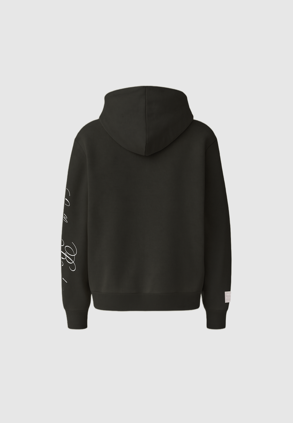 Black hooded sweatshirt with kangaroo pocket and white sleeve script