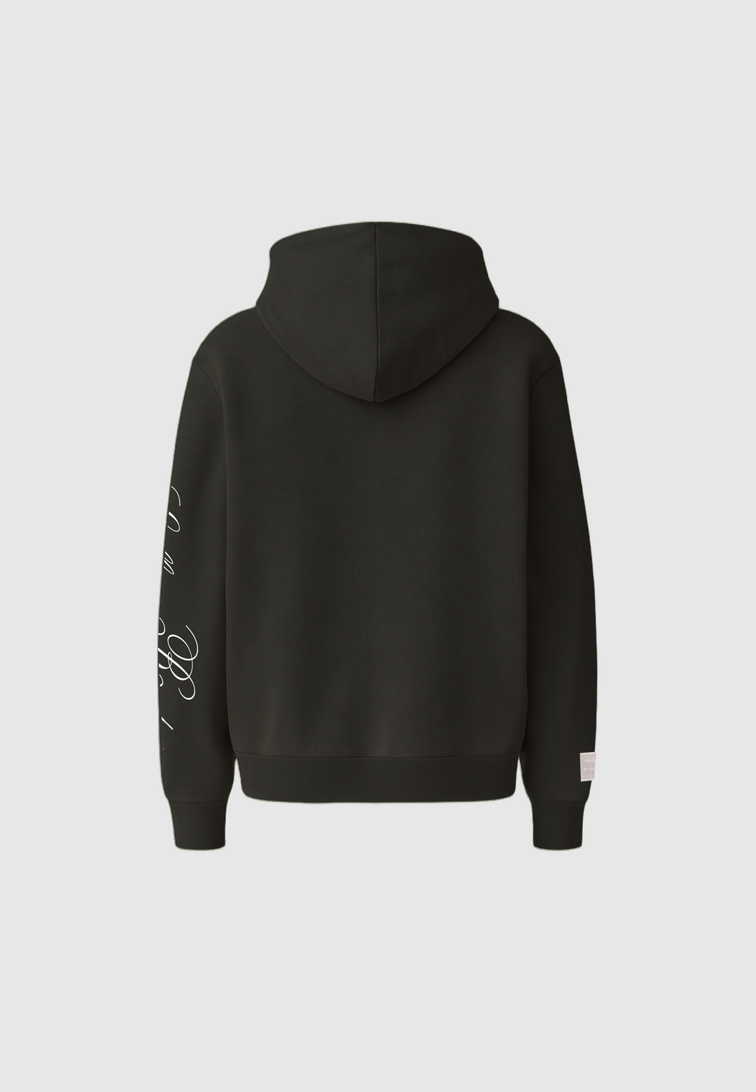Black hooded sweatshirt with kangaroo pocket and white sleeve script