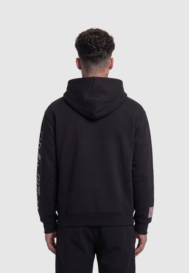 Black hooded sweatshirt with kangaroo pocket and white sleeve script