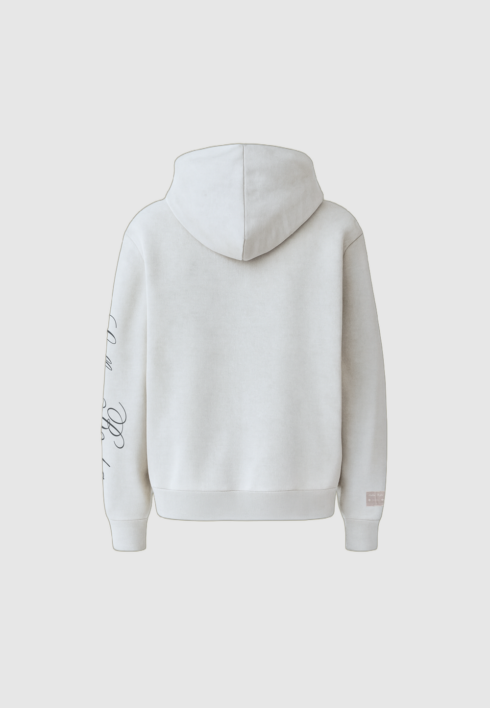 Gray pullover hoodie with hood, kangaroo pocket and graphic sleeve lettering