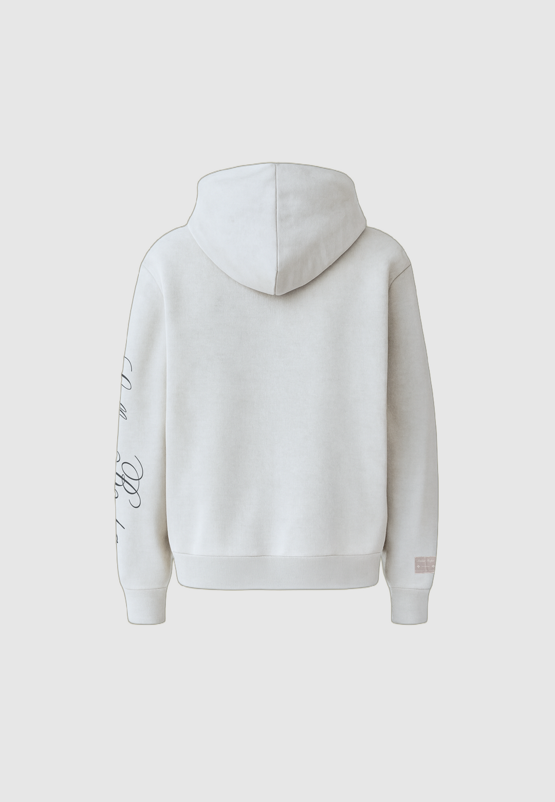 Gray pullover hoodie with hood, kangaroo pocket and graphic sleeve lettering