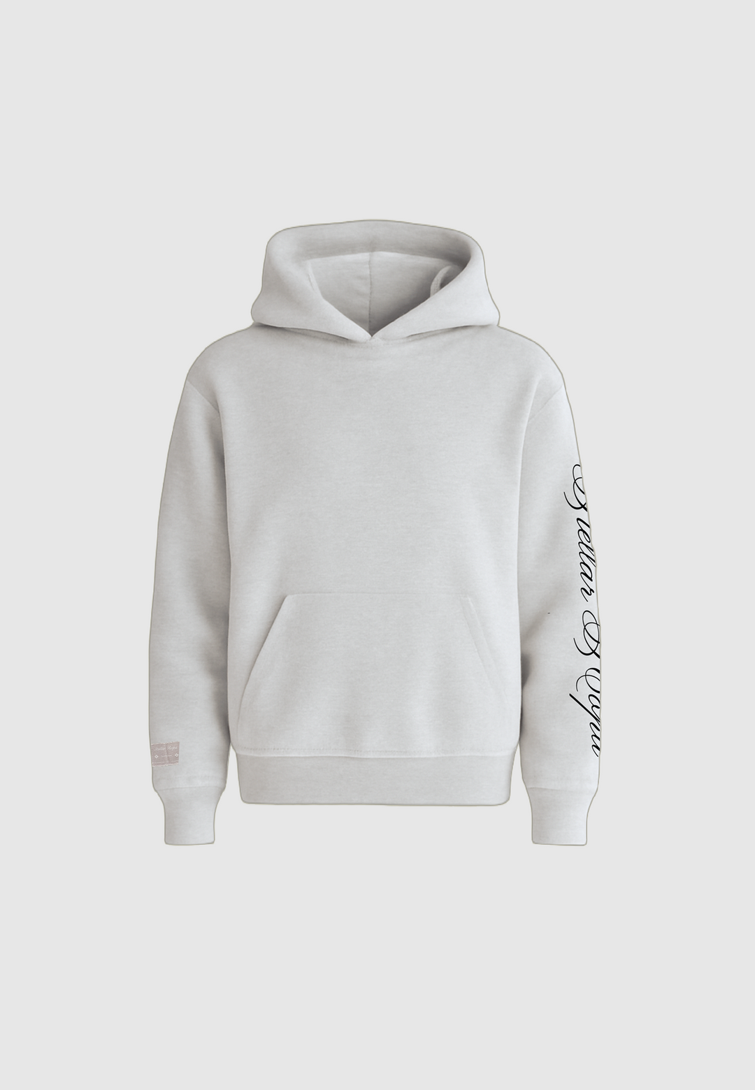 Gray pullover hoodie with hood, kangaroo pocket and graphic sleeve lettering