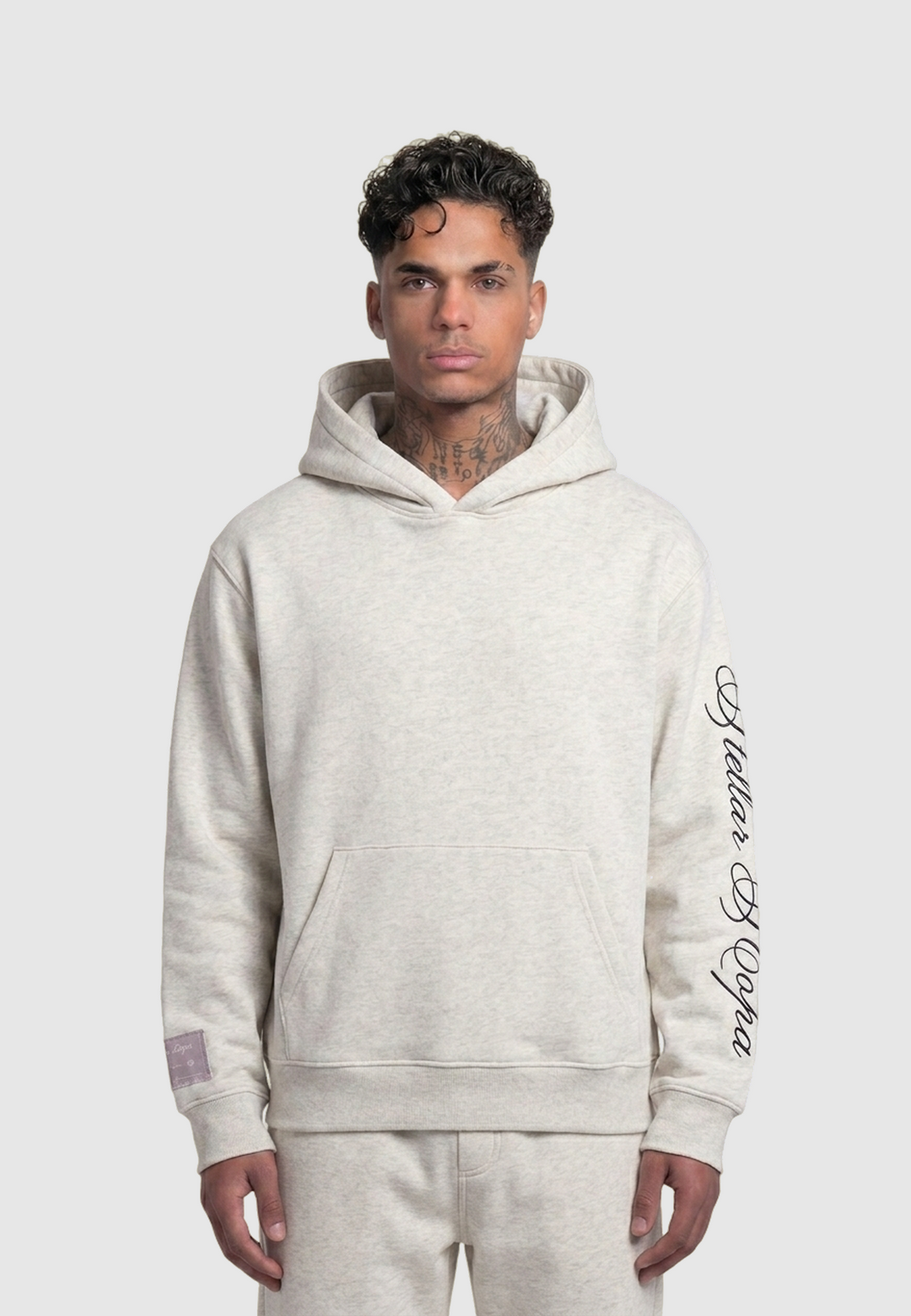Gray pullover hoodie with hood, kangaroo pocket and graphic sleeve lettering