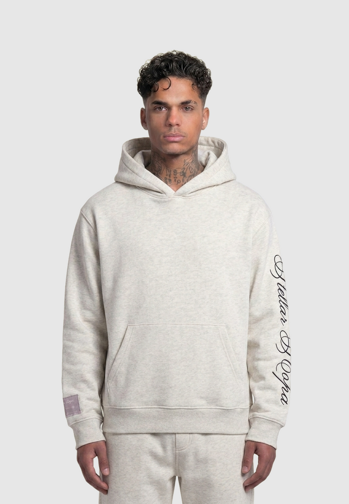 Gray pullover hoodie with hood, kangaroo pocket and graphic sleeve lettering