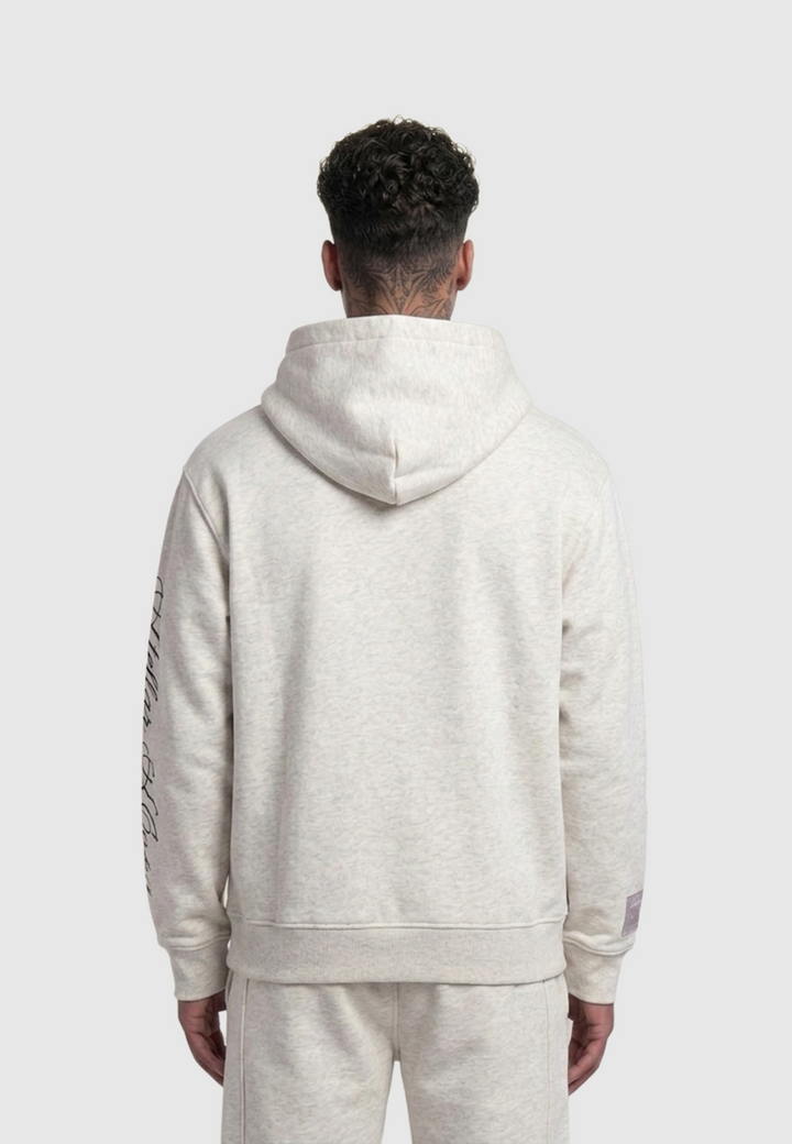 Gray pullover hoodie with hood, kangaroo pocket and graphic sleeve lettering