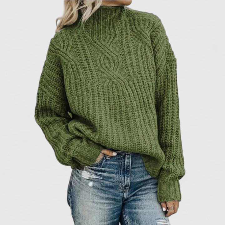Women's cable knit sweater with high mock neck and long sleeves